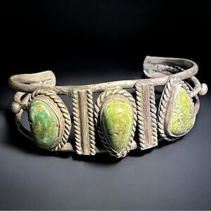 Vintage Fred Harvey Era Navajo Green Turquoise Sterling Silver Cuff Bracelet